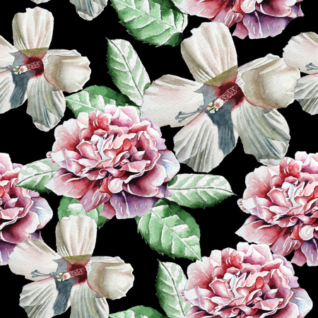 Seamless pattern with flowers. Watercolor. Hand drawn.の写真素材