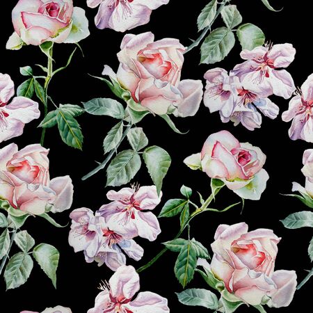 Seamless pattern with flowers. Rose. Blossom. Watercolor. Hand drawn.の写真素材