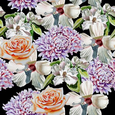 Seamless pattern with flowers. Rose.  Chrysanthemum. Blossom. Watercolor. Hand drawn.の写真素材