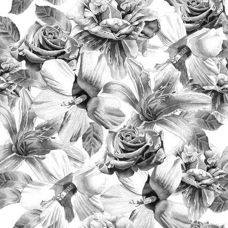 Monochrome seamless pattern  with flowers. Rose. lily. Watercolor.  Hand drawn.の写真素材