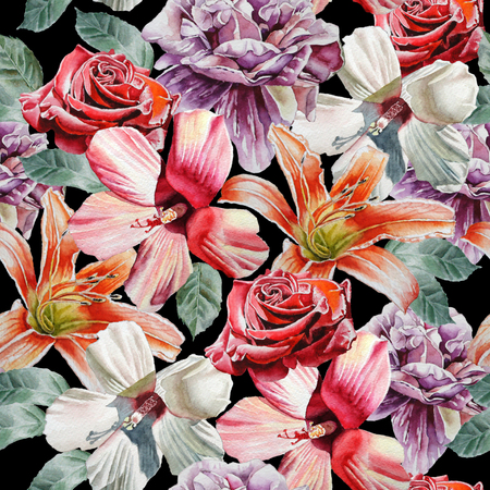 Seamless pattern with flowers. Rose. lily. Watercolor. Hand drawn.の写真素材