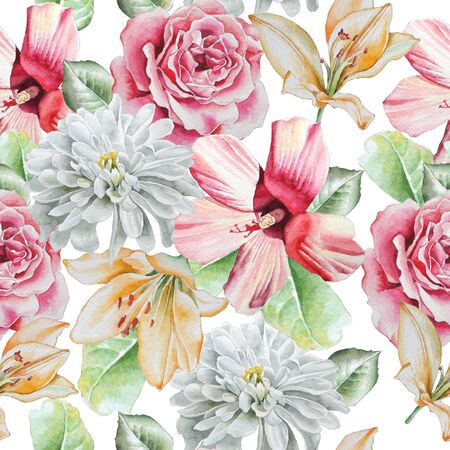 Seamless pattern with flowers. Rose. lily. Chrysanthemum. Watercolor. Hand drawn.の写真素材