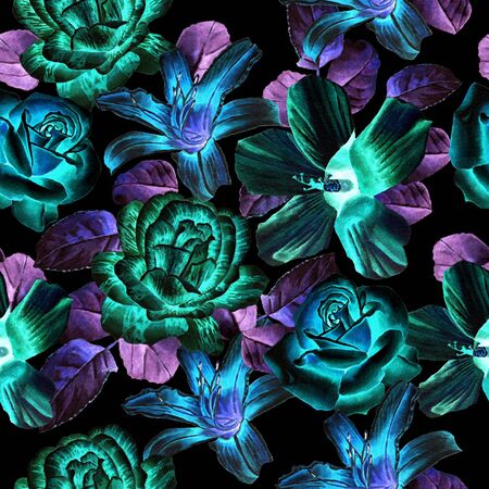Seamless pattern with flowers. Rose. lily. Watercolor. Hand drawn.の写真素材