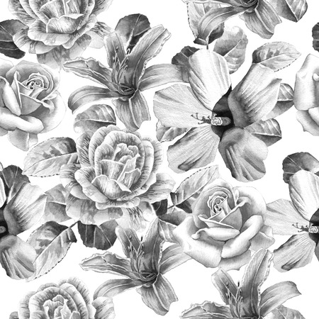 Monochrome seamless pattern with flowers. Rose. lily. Watercolor. Hand drawn.の写真素材