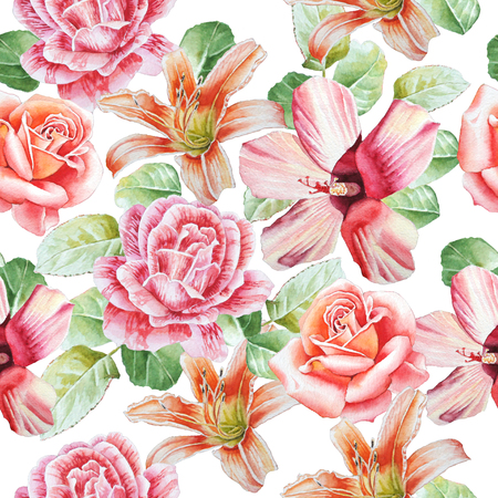 Seamless pattern with flowers. Rose. lily. Watercolor. Hand drawn.の写真素材