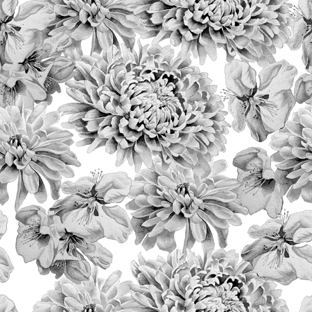 Monochrome seamless pattern  with flowers. Chrysanthemum. Blossom. Watercolor.  Hand drawn.の写真素材