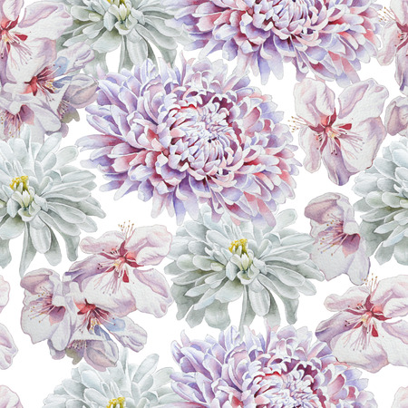 Seamless pattern with flowers. Chrysanthemum. Blossom. Watercolor.  Hand drawn.の写真素材