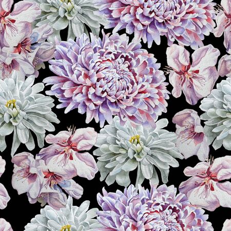 Seamless pattern with flowers. Chrysanthemum. Blossom. Watercolor.  Hand drawn.の写真素材