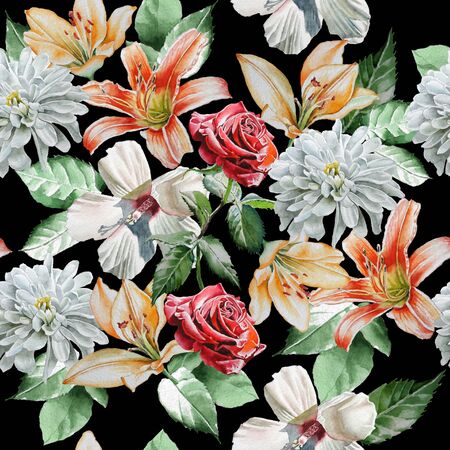 Seamless pattern with flowers. Rose. lily. Chrysanthemum. Watercolor. Hand drawn.の写真素材