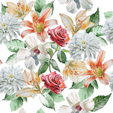 Seamless pattern with flowers. Rose. lily. Chrysanthemum. Watercolor.  Hand drawn.の写真素材