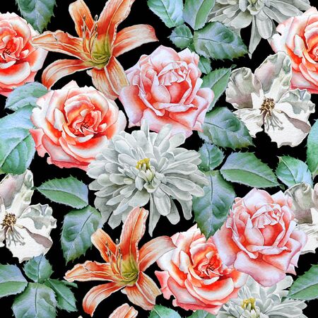 Seamless pattern with flowers. Rose. lily. Chrysanthemum. Watercolor. Hand drawn.の写真素材