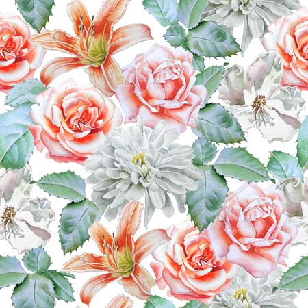Seamless pattern with flowers. Rose. lily. Chrysanthemum. Watercolor. Hand drawn.の写真素材