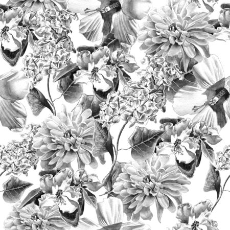 Monochrome seamless pattern with flowers. lily. Chrysanthemum. Lilac. Blossom. Watercolor.  Hand drawn.の写真素材