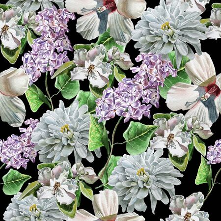 Seamless pattern with flowers. lily. Chrysanthemum. Lilac. Blossom. Watercolor.  Hand drawn.の写真素材