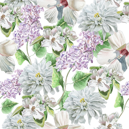 Seamless pattern with flowers. lily. Chrysanthemum. Lilac. Blossom. Watercolor.  Hand drawn.の写真素材