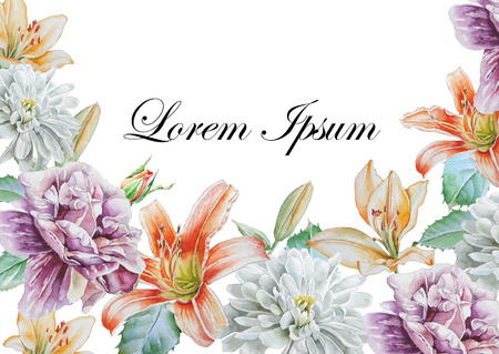 Invitation card with watercolor flowers. Peony. Lily. Chrysanthemum,  Watercolor. Hand drawn.の写真素材