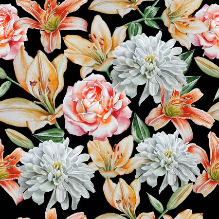 Seamless pattern with flowers. Rose. lily. Chrysanthemum. Watercolor. Hand drawn.の写真素材