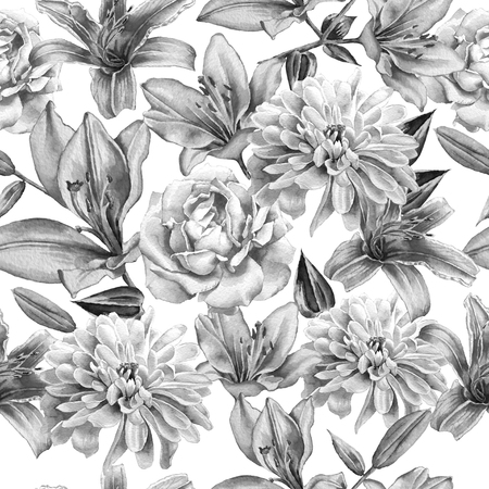 Monochrome seamless pattern with flowers. Rose. lily. Chrysanthemum. Watercolor. Hand drawn.の写真素材