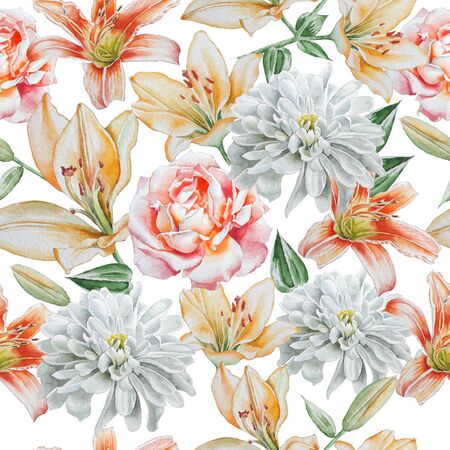Seamless pattern with flowers. Rose. lily. Chrysanthemum. Watercolor. Hand drawn.の写真素材