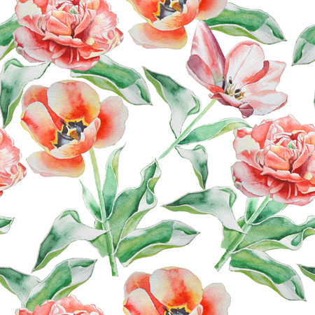 Seamless pattern with tulips.  Watercolor. Hand drawn.の写真素材