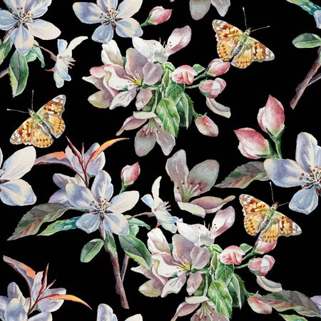 Seamless pattern with flowers and butterflies on a black background. Watercolor.  Hand drawn.の写真素材