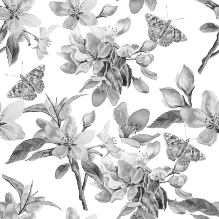 Monochrome seamless pattern with flowers and butterflies. Watercolor. Hand drawn.の写真素材