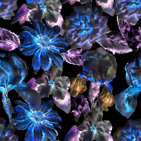 Seamless pattern with flowers. Rose.  Blossom. Iris. Watercolor. Hand drawn.の写真素材