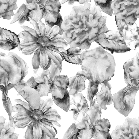 Monochrome seamless pattern  with flowers. Rose.  Blossom. Iris. Watercolor. Hand drawn.の写真素材