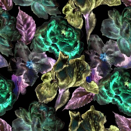 Seamless pattern with flowers. Rose.  Blossom. Iris. Watercolor. Hand drawn.の写真素材