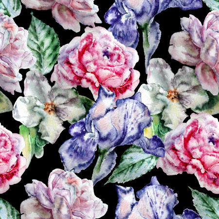 Seamless pattern with flowers. Rose.  Blossom. Iris. Watercolor. Hand drawn.の写真素材