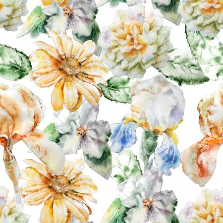 Seamless pattern with flowers. Rose.  Blossom. Iris. Watercolor. Hand drawn.の写真素材