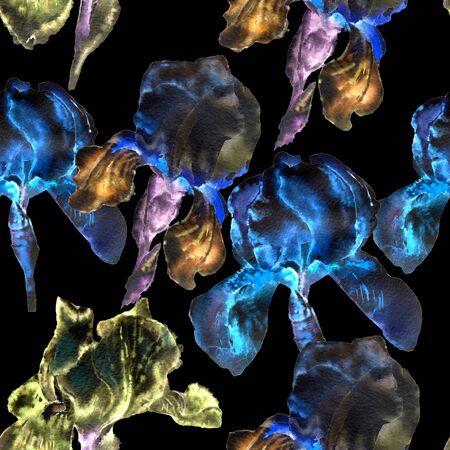 Seamless pattern with flowers.  Iris. Watercolor.   Hand drawn.の写真素材