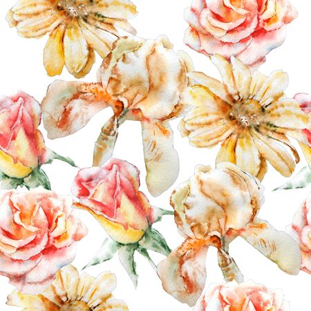 Seamless pattern with flowers. Rose.  Blossom. Iris. Watercolor.  Hand drawn.の写真素材