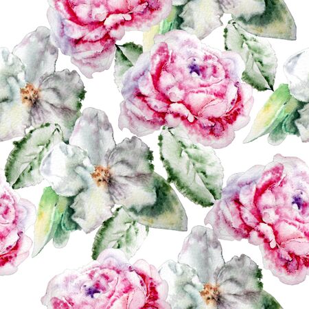 Seamless pattern with flowers. Rose. Blossom. Watercolor.  Hand drawn.??の写真素材