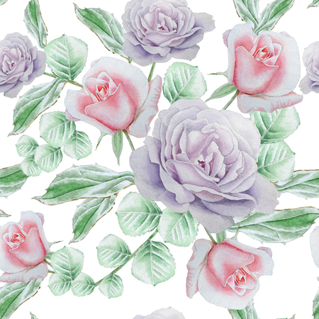 Seamless pattern with roses. Watercolor illustration. Hand drawn.の写真素材