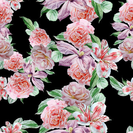 Seamless pattern with flowers. Alstroemeria. Rose. Clematis. Watercolor. Hand drawn.の写真素材