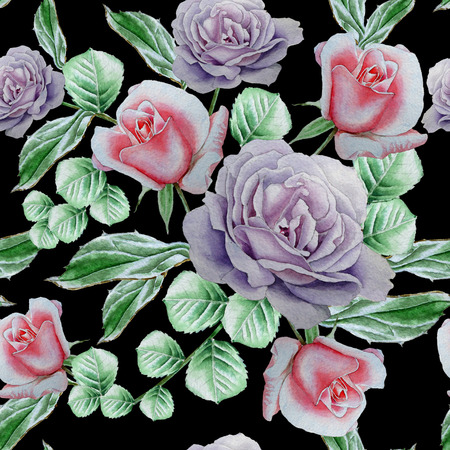 Seamless pattern with roses. Watercolor illustration. Hand drawn.の写真素材