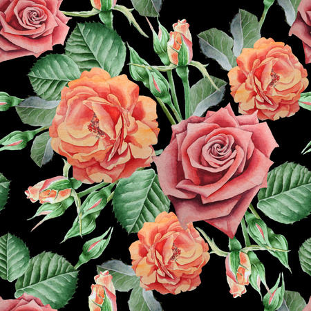 Seamless pattern with roses. Watercolor illustration. Hand drawn.の写真素材