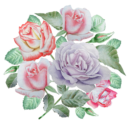 Floral card with flowers. Rose. Watercolor illustration. Hand drawn.の写真素材