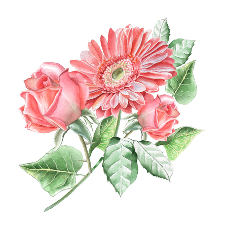 Floral card with flowers. Rose. Gerbera. Watercolor illustration Hand drawnの写真素材