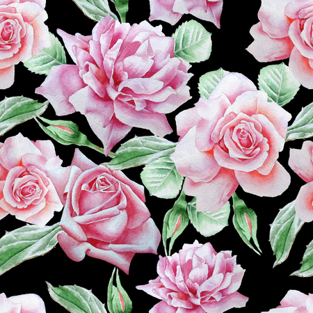 Seamless pattern with roses. Watercolor illustration. Hand drawnの写真素材