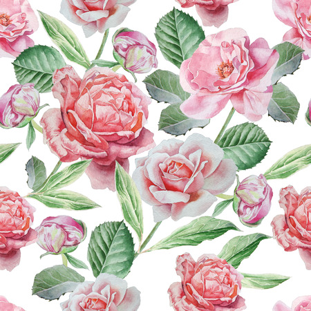 Seamless pattern with roses. Watercolor illustration. Hand drawnの写真素材