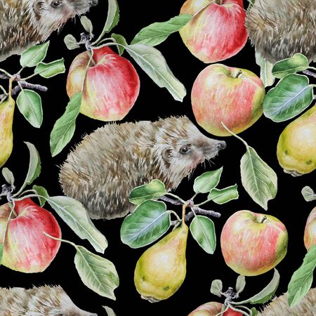 Seamless pattern with fruits and hedgehog. Apple and pear. Watercolor illustration. Hand drawnの写真素材
