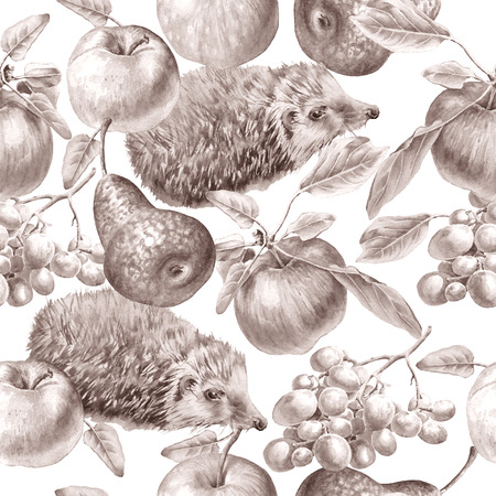 Monochrome seamless pattern with fruits and hedgehog. Apple, grapes and pear.Watercolor illustration. Hand drawnの写真素材