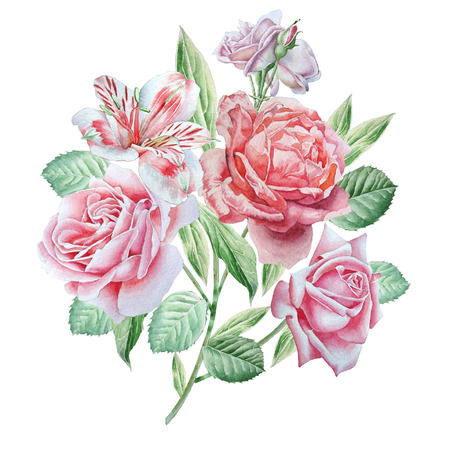 Floral card with spring flowers. Alstroemeria. Rose. Watercolor Hand drawnの写真素材