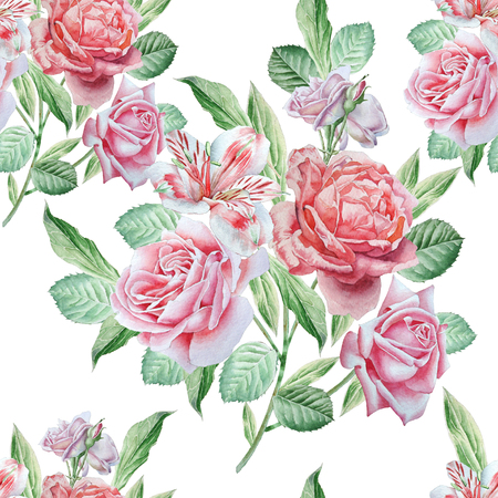 Seamless pattern with flowers. Alstroemeria. Rose. Watercolor Hand drawnの写真素材