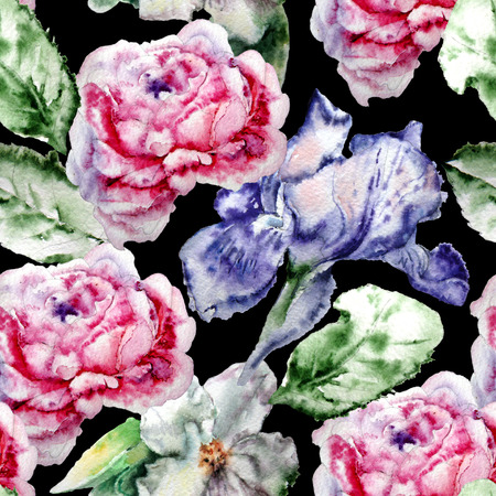 Seamless pattern with flowers. Rose. Iris. Blossom. Watercolor. ?の写真素材
