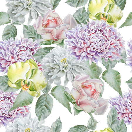 Seamless pattern with flowers. Rose.  Chrysanthemum. Orchid.  Watercolor.の写真素材