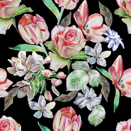 Seamless pattern with spring flowers. Rose. Tulip. Hyacinth. Watercolor.の写真素材