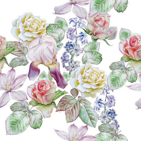 Seamless pattern with spring flowers. Rose. Clematis. Tulip. Hyacinth. Iris. Watercolor.の写真素材